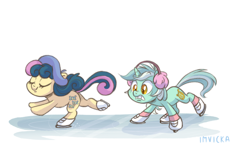 Size: 1280x800 | Tagged: safe, artist:imvicka, derpibooru import, bon bon, lyra heartstrings, sweetie drops, earth pony, pony, unicorn, duo, earmuffs, eyes closed, female, gritted teeth, ice, ice skates, ice skating, image, mare, png, simple background, smiling, white background