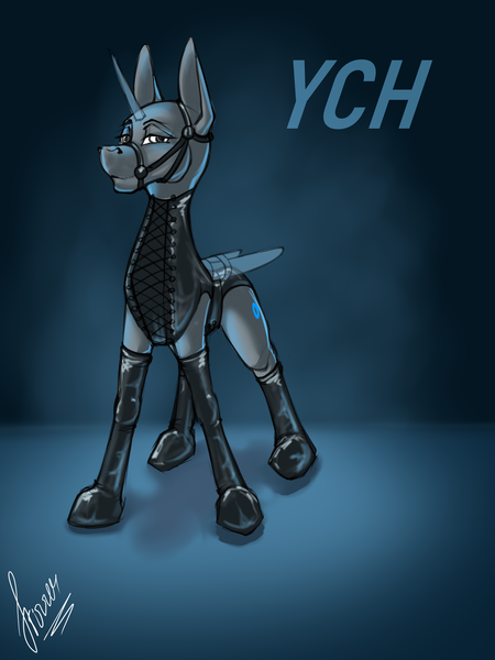 Size: 3000x4000 | Tagged: suggestive, artist:stirren, derpibooru import, oc, pony, ambiguous gender, bdsm, bedroom eyes, bondage, bondage gear, commission, equine, image, latex, mammal, png, posture collar, smug, solo, your character here