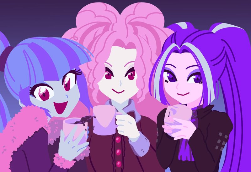 Size: 1164x800 | Tagged: safe, artist:rileyav, derpibooru import, adagio dazzle, aria blaze, sonata dusk, adoragio, ariabetes, clothes, color palette, cute, image, jpeg, mug, smiling, sonatabetes, the dazzlings, winter outfit