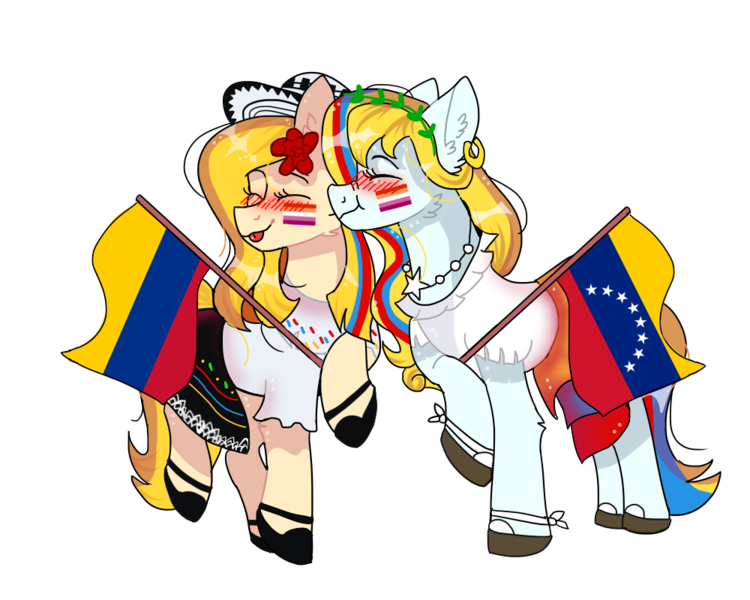 Size: 1000x800 | Tagged: safe, artist:valkiria, derpibooru import, oc, oc:isabella blend, oc:valencia vineyard, unofficial characters only, pony, derpibooru community collaboration, 2022 community collab, :p, blushing, clothes, colombia, dress, duo, ear piercing, earring, eyes closed, face paint, female, flag, flats, flower, flower in hair, hat, hoof shoes, image, jewelry, kiss on the cheek, kissing, lesbian, lesbian pride flag, mare, multicolored hair, oc x oc, piercing, png, pride, pride flag, raised hoof, shipping, shirt, shoes, simple background, skirt, tongue out, transparent background, venezuela