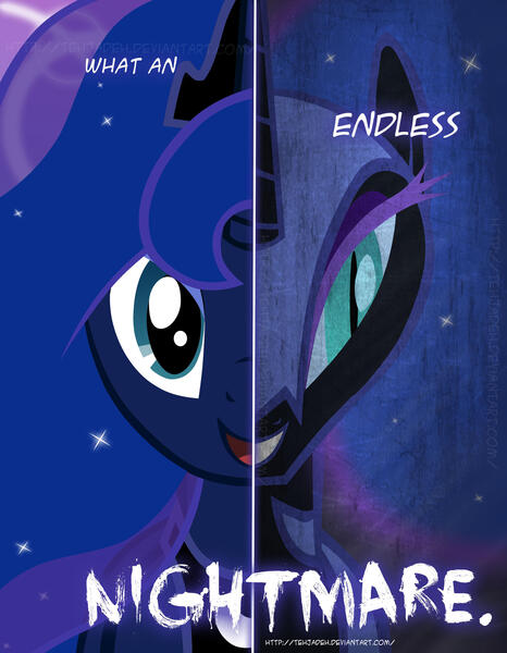 Size: 2158x2780 | Tagged: safe, artist:tehjadeh, derpibooru import, nightmare moon, princess luna, alicorn, pony, 2011, dual persona, dual personality, female, high res, image, jpeg, mare, multiple heads, poster, slit eyes, slit pupils, two heads, two sided posters