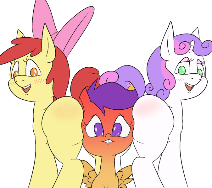 Size: 1589x1414 | Tagged: suggestive, artist:happy harvey, derpibooru import, apple bloom, scootaloo, sweetie belle, earth pony, pegasus, pony, unicorn, blushing, blushing profusely, bow, butt, butt blush, colored pupils, cutie mark crusaders, drawn on phone, female, filly, foalcon, hair bow, image, lesbian, lidded eyes, lip bite, looking back, png, raised tail, rubbing cheeks, sandwiched, simple background, spread wings, tail, transparent background, underage, wingboner, wings