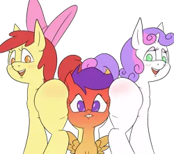 Size: 1589x1414 | Tagged: suggestive, artist:happy harvey, derpibooru import, apple bloom, scootaloo, sweetie belle, earth pony, pegasus, pony, unicorn, blushing, blushing profusely, bow, butt, butt blush, colored pupils, cutie mark crusaders, drawn on phone, female, filly, foalcon, hair bow, image, lesbian, lidded eyes, lip bite, looking back, png, raised tail, rubbing cheeks, sandwiched, simple background, spread wings, tail, transparent background, underage, wingboner, wings