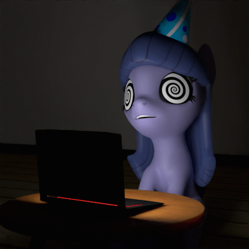 Size: 500x500 | Tagged: safe, alternate version, artist:the luna fan, derpibooru import, oc, oc:cosmia nebula, unofficial characters only, earth pony, 3d, animated, blender, computer, cycles render, earth pony oc, gif, hat, hypno eyes, hypnosis, hypnotized, image, night, open mouth, party hat, table, wooden floor