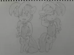 Size: 2064x1548 | Tagged: safe, artist:cherro, derpibooru import, oc, oc:poppy seed, oc:viewing pleasure, unofficial characters only, semi-anthro, unicorn, bipedal, bunny suit, clothes, image, jpeg, traditional art