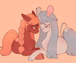 Size: 1280x1067 | Tagged: safe, artist:lellybelly3, derpibooru import, izzy moonbow, sunny starscout, my little pony: a new generation, blushing, female, g5, heart, image, izzyscout, jpeg, leonine tail, lesbian, looking at each other, looking at someone, nuzzling, redesign, shipping, simple background, smiling, smiling at each other, tail, watermark