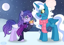 Size: 1280x915 | Tagged: safe, artist:purplepotato04, derpibooru import, oc, oc:fleurbelle, oc:lavender moonshine, unofficial characters only, alicorn, pegasus, pony, clothes, female, glasses, image, jpeg, mare, moon, present, scarf, snow, sweater