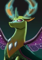 Size: 2059x2912 | Tagged: safe, artist:milynh83, derpibooru import, thorax, changedling, changeling, black background, glow, glowing horn, horn, horns, image, king thorax, looking up, magic, male, png, purple eyes, purple wings, simple background, solo, sparkles, sparkly wings, spread wings, wings