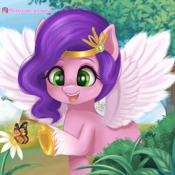Size: 1000x1000 | Tagged: safe, artist:fluttershy_art.nurul, derpibooru import, pipp petals, butterfly, insect, pegasus, pony, my little pony: a new generation, my little pony: the movie, beautiful, cute, daughter, female, flower, forest, g5, gold, image, jpeg, movie, siblings, sisters, summer, tree, wings