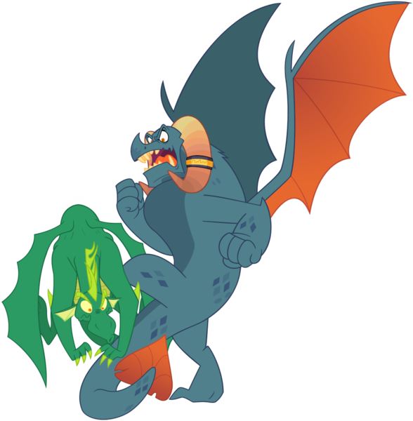 Size: 1000x1020 | Tagged: safe, artist:queencold, derpibooru import, dragon lord torch, reginald, dragon, duo, image, kicking, png, simple background, transparent background