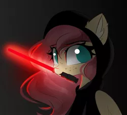 Size: 1923x1748 | Tagged: safe, artist:janelearts, derpibooru import, fluttershy, pony, image, jpeg, lightsaber, mouth hold, sith, solo, star wars, weapon