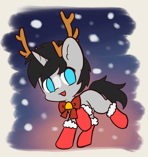 Size: 839x885 | Tagged: safe, artist:eddiemk9, artist:yilo, derpibooru import, oc, oc:cyan delta, unofficial characters only, pony, unicorn, chibi, christmas, clothes, cute, holiday, image, male, ocbetes, png, snow, socks, stallion