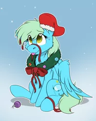 Size: 1744x2208 | Tagged: safe, artist:rokosmith26, derpibooru import, oc, oc:sea glow, unofficial characters only, pegasus, pony, bow, cheek fluff, chest fluff, christmas, christmas stocking, christmas wreath, commission, floppy ears, gradient background, holiday, image, looking up, male, one ear down, pegasus oc, pegasus wings, png, raised hoof, ribbon, simple background, sitting, smiling, solo, stallion, sweat, sweatdrop, tail, tongue out, wings, wreath, ych result