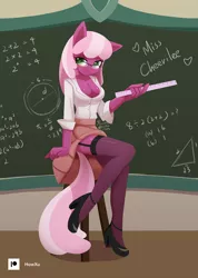 Size: 1000x1407 | Tagged: suggestive, artist:howxu, derpibooru import, cheerilee, anthro, blushing, breasts, chalkboard, cleavage, clothes, glasses, image, looking at you, png, shoes, sitting, skirt, socks, stockings, stupid sexy cheerilee, teacher, thigh highs