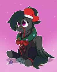 Size: 1744x2208 | Tagged: safe, artist:rokosmith26, derpibooru import, oc, unofficial characters only, hippogriff, hybrid, pony, bow, cheek fluff, chest fluff, christmas, christmas stocking, christmas wreath, claws, clothes, commission, female, floppy ears, gradient background, hippogriff hybrid, hippogriff oc, holiday, image, jersey, looking up, mare, one ear down, pants, png, ponytail, raised hoof, ribbon, simple background, sitting, smiling, solo, sweat, sweatdrop, tail, tongue out, wings, wreath, ych result