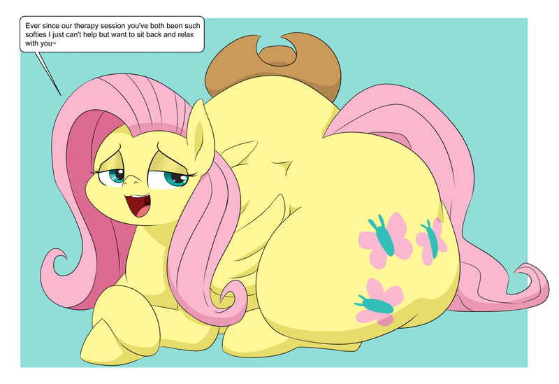 Size: 1530x1050 | Tagged: questionable, artist:dendollae, derpibooru import, part of a set, fluttershy, pegasus, pony, comic:fluttershy's tum therapy, belly, big belly, blue background, blushing, butt, butt expansion, female, fetish, flutterbutt, growth, huge butt, image, implied applejack, implied death, implied vore, impossibly large butt, impossibly wide hips, large butt, lying down, onomatopoeia, png, post-vore, simple background, solo, speech bubble, the ass was fat, wide hips, wings