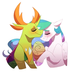 Size: 1280x1280 | Tagged: safe, artist:primrosepaper, derpibooru import, princess celestia, thorax, alicorn, changedling, changeling, pony, blushing, colored pupils, egg, ethereal mane, eyes closed, feather, female, flowing mane, folded wings, horn, horns, image, king thorax, male, png, shipping, simple background, starry mane, straight, thoralestia, transparent background, wings