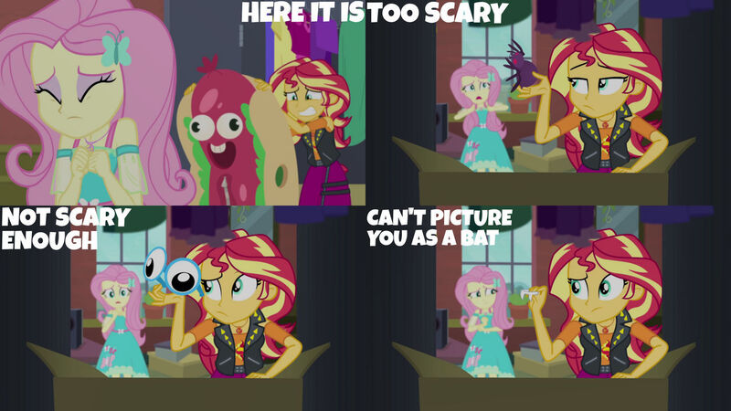 Size: 1280x720 | Tagged: safe, derpibooru import, edit, edited screencap, editor:quoterific, screencap, fluttershy, sunset shimmer, costume conundrum, costume conundrum: sunset shimmer, equestria girls, equestria girls series, spoiler:eqg series (season 2), clothes, cutie mark, cutie mark on clothes, duo, duo female, eyes closed, female, geode of empathy, geode of fauna, hairpin, image, jacket, jewelry, jpeg, leather, leather jacket, magical geodes, necklace, open mouth