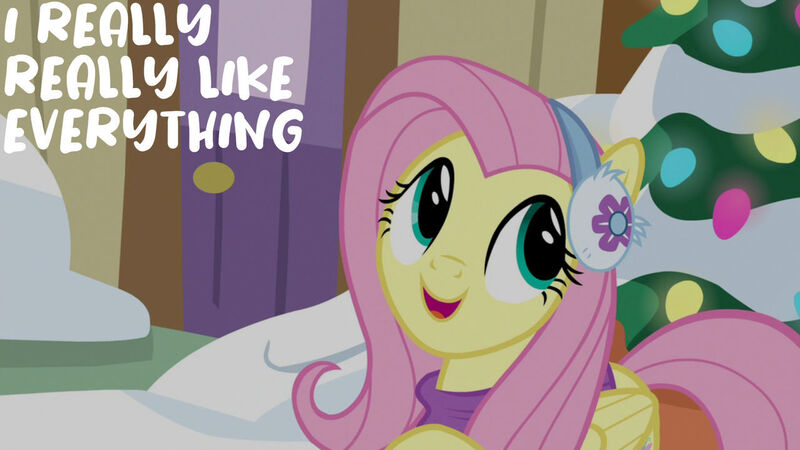 Size: 1280x720 | Tagged: safe, derpibooru import, edit, edited screencap, editor:quoterific, screencap, fluttershy, pegasus, pony, best gift ever, christmas, christmas lights, christmas tree, cute, female, holiday, image, jpeg, mare, open mouth, open smile, shyabetes, smiling, snow, solo, tree