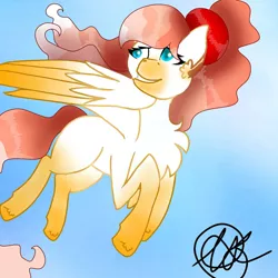 Size: 1500x1500 | Tagged: safe, artist:teonnakatztkgs, derpibooru import, oc, unofficial characters only, pegasus, pony, eyelashes, female, flying, image, jpeg, looking back, mare, pegasus oc, signature, smiling, solo, wings