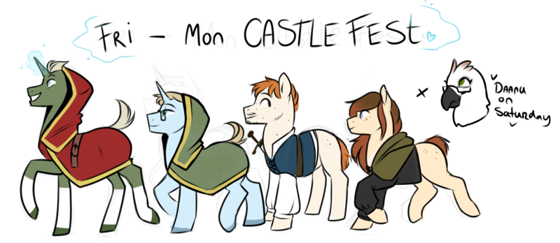 Size: 1979x861 | Tagged: safe, artist:0naturaldisaster0, derpibooru import, oc, unofficial characters only, earth pony, gryphon, pony, unicorn, cloak, clothes, coat markings, earth pony oc, griffon oc, horn, image, male, png, simple background, socks (coat marking), stallion, transparent background, unicorn oc