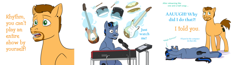 Size: 5000x1400 | Tagged: safe, artist:kaciekk, derpibooru import, oc, oc:blazingflair, oc:charmingrhytm, unofficial characters only, earth pony, pony, unicorn, comic, crazy face, cymbals, drums, duo, duo male, electric guitar, faic, guitar, headache, image, keyboard, linkin park, lying down, magic, male, microphone, migraine, multitasking, musical instrument, on back, pain, png, reality ensues, stallion, telekinesis, vulgar