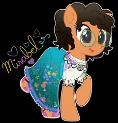 Size: 1724x1797 | Tagged: safe, artist:lovinglypromise, derpibooru import, ponified, earth pony, pony, black background, clothes, encanto, female, glasses, image, jpeg, mare, mirabel madrigal, simple background, solo