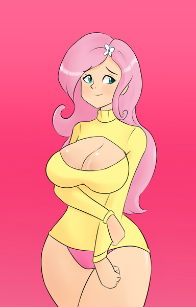 Size: 3200x5000 | Tagged: suggestive, artist:hidden-cat, fluttershy, human, boob window, breasts, busty fluttershy, cleavage, clothes, female, humanized, image, keyhole turtleneck, open-chest sweater, panties, pink underwear, png, solo, solo female, sweater, sweatershy, turtleneck, underwear