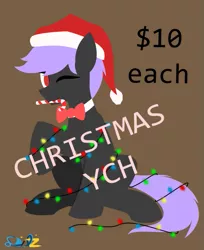 Size: 457x559 | Tagged: safe, artist:samsailz, derpibooru import, oc, bowtie, candy, candy cane, christmas, christmas lights, commission, food, hat, holiday, image, lineless, no iris, one eye closed, png, santa hat, solo, tangled up, wink, ych example, ych result, your character here