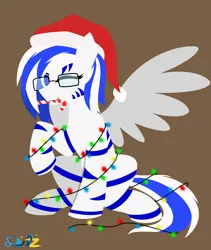 Size: 2362x2795 | Tagged: safe, artist:samsailz, derpibooru import, oc, oc:light speed, pegasus, candy, candy cane, christmas, christmas lights, commission, food, glasses, hat, holiday, image, lineless, no iris, png, santa hat, solo, tangled up, ych example, ych result, your character here