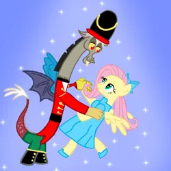 Size: 720x720 | Tagged: safe, artist:mlplary6, derpibooru import, discord, fluttershy, draconequus, pegasus, pony, christmas, clothes, cosplay, costume, discoshy, female, holiday, image, male, png, shipping, straight, the nutcracker