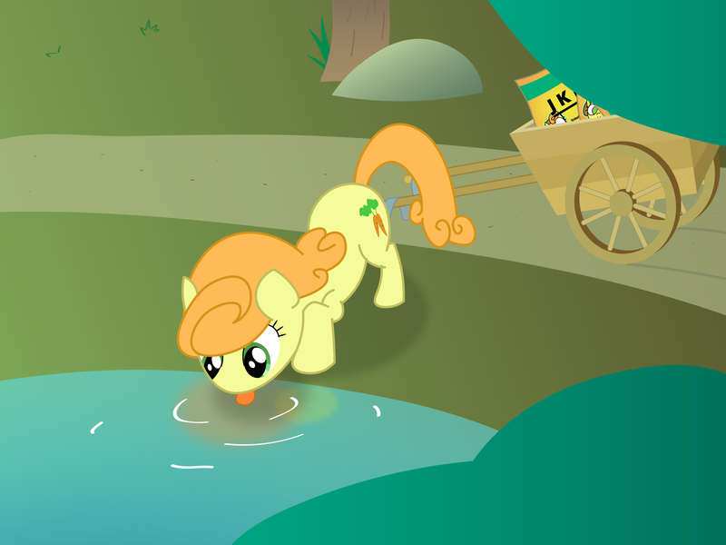 Size: 2560x1920 | Tagged: safe, artist:greenhoof, derpibooru import, carrot top, golden harvest, earth pony, pony, cart, female, image, jinkela, licking, mare, png, solo, tongue out, tree, vector, water, wheel