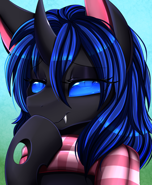 Size: 1446x1764 | Tagged: safe, artist:pridark, derpibooru import, oc, oc:swift dawn, unofficial characters only, changeling, pony, blue background, blue changeling, blue eyes, bust, changeling oc, clothes, eyebrows, eyebrows visible through hair, eyelashes, eyeliner, eyeshadow, fangs, femboy, gradient background, green background, hoof over mouth, horn, image, lidded eyes, looking at you, makeup, male, png, portrait, raffle prize, scarf, simple background, smiling, smiling at you, solo, stallion, trap