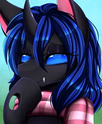 Size: 1446x1764 | Tagged: safe, artist:pridark, derpibooru import, oc, oc:swift dawn, unofficial characters only, changeling, pony, blue background, blue changeling, blue eyes, bust, changeling oc, clothes, eyebrows, eyebrows visible through hair, eyelashes, eyeliner, eyeshadow, fangs, femboy, gradient background, green background, hoof over mouth, horn, image, lidded eyes, looking at you, makeup, male, png, portrait, raffle prize, scarf, simple background, smiling, smiling at you, solo, stallion, trap