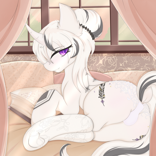 Size: 3000x3000 | Tagged: safe, artist:munrei, derpibooru import, oc, oc:chloe white, pony, unicorn, bed, bedroom, book, clothes, commission, cutie mark, female, females only, hair jewelry, horn, image, lace, laying on bed, looking at you, lying, lying down, on bed, png, socks, solo, stockings, thigh highs, underwear, window