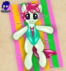 Size: 3840x4154 | Tagged: safe, artist:damlanil, derpibooru import, oc, oc:frothy, ponified, latex pony, original species, pegasus, pony, beach, beach towel, clothes, cute, female, happy, image, latex, latex suit, mare, png, pool toy, rubber, sand, shiny, shiny mane, smiling, story, story included, suit, swimsuit, towel