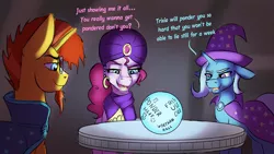 Size: 3096x1741 | Tagged: suggestive, artist:cocaine, derpibooru import, pinkie pie, sunburst, trixie, earth pony, pony, unicorn, body writing, colored sketch, dialogue, image, imminent pondering, meme, parody, png, pondering