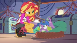 Size: 1920x1080 | Tagged: safe, derpibooru import, screencap, spike, spike the regular dog, sunset shimmer, dog, equestria girls, legend of everfree, boots, camp everfree outfits, clothes, denim shorts, image, png, shoes, shorts, socks, tent