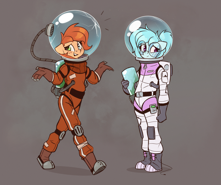 Size: 2010x1685 | Tagged: safe, artist:rexyseven, derpibooru import, oc, oc:rusty gears, oc:whispy slippers, anthro, bubble helmet, image, png, space helmet, spacesuit