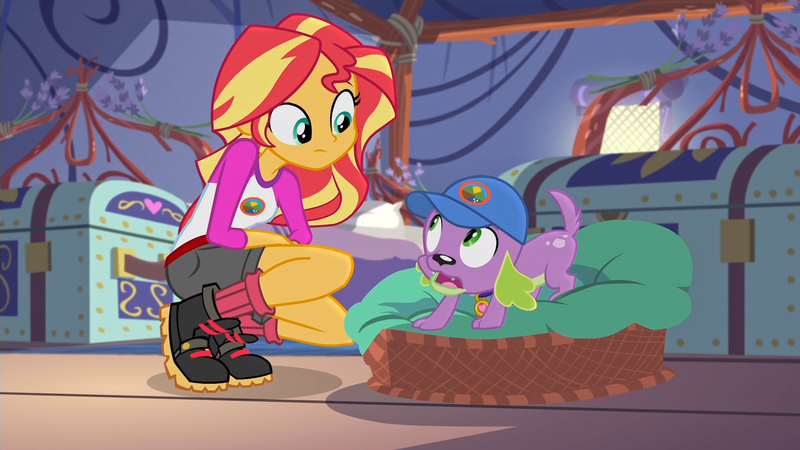 Size: 1920x1080 | Tagged: safe, derpibooru import, screencap, spike, spike the regular dog, sunset shimmer, dog, equestria girls, legend of everfree, boots, camp everfree outfits, clothes, denim shorts, image, looking at each other, looking at someone, png, shoes, shorts, socks, tent