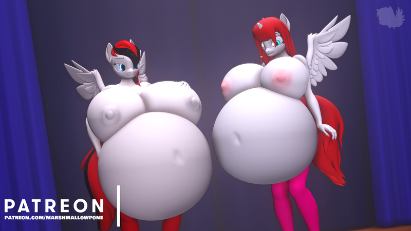 Size: 1280x720 | Tagged: questionable, artist:marshmallow-pone, derpibooru import, oc, oc:cori, oc:vani, anthro, 3d, belly button, belly inflation, breasts, female, image, inflation, nipples, nudity, png, source filmmaker