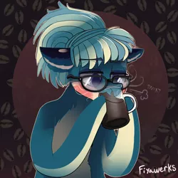 Size: 6000x6000 | Tagged: safe, artist:fiyawerks, derpibooru import, oc, oc:gizmo, earth pony, pony, bored, bust, coffee, coffee mug, dark background, drinking, glasses, huff, image, jpeg, mug, sipping, solo, waist up