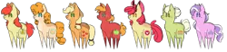 Size: 2189x504 | Tagged: safe, artist:radpanda426, derpibooru import, apple bloom, applejack, big macintosh, bright mac, diamond tiara, granny smith, pear butter, earth pony, pony, chibi, female, filly, image, male, mare, png, simple background, stallion, transparent background