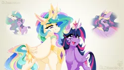 Size: 4800x2700 | Tagged: safe, artist:alzmariowolfe, derpibooru import, princess celestia, twilight sparkle, twilight sparkle (alicorn), alicorn, pony, unicorn, female, filly, filly twilight sparkle, g4, growth, image, magic, magic kindergarten, mamma mia, mare, png, princess, teacher and student, unicorn twilight, younger