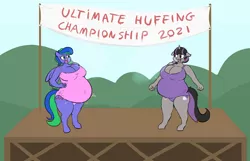 Size: 2528x1632 | Tagged: suggestive, artist:comfyplum, derpibooru import, oc, oc:felicity stars, oc:magna-save, unofficial characters only, anthro, series:huffing championship, air inflation, belly, big belly, clothes, duo, expansion, female, image, inflation, inhaling, magslicity, png, sequence, stage, swimsuit