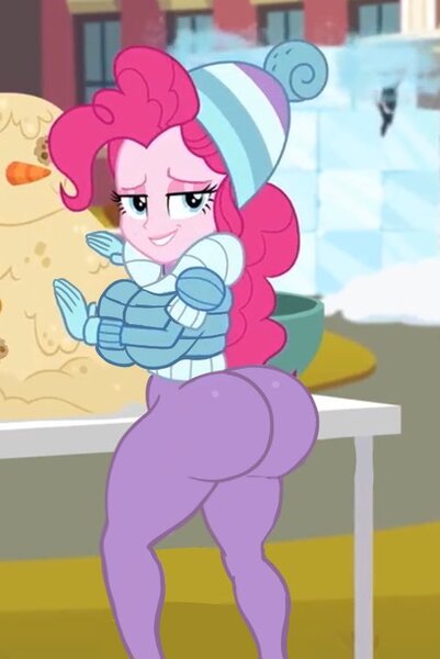 Size: 481x720 | Tagged: suggestive, artist:annon, derpibooru import, edit, edited screencap, screencap, pinkie pie, equestria girls, balloonbutt, big breasts, bimbo, bimbo pie, breasts, butt, clothes, female, hat, huge breasts, image, jpeg, looking at you, makeup, solo, solo female, the ass was fat, winter outfit