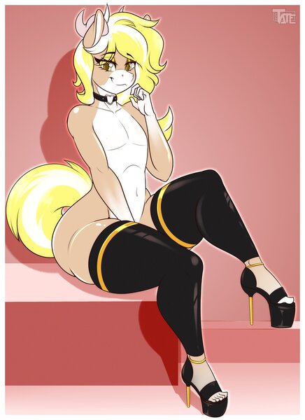 Size: 2904x4000 | Tagged: questionable, artist:tatemil, derpibooru import, oc, oc:felix, anthro, clothes, femboy, high heels, image, jpeg, male, nudity, shoes, socks, solo, thigh highs