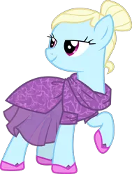 Size: 4480x5931 | Tagged: safe, artist:lincolnbrewsterfan, derpibooru import, earth pony, pony, rarity takes manehattan, .svg available, absurd resolution, background pony, clothes, derpibooru exclusive, dress, female, hoof shoes, image, inverted mouth, lidded eyes, looking back, mare, mesh scarf, model, png, raised hoof, shoes, simple background, skirt, smiling, solo, translucent, transparent background, vector