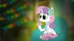 Size: 1903x1063 | Tagged: safe, artist:_rynn, derpibooru import, sweetie belle, pony, unicorn, blurry background, christmas, christmas lights, christmas tree, clothes, couch, cup, cute, cutie mark, ear fluff, female, fireplace, food, headphones, holiday, image, png, scarf, tea, tinsel, tree, window