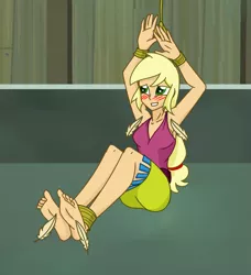 Size: 1447x1586 | Tagged: safe, artist:splendidbondage, derpibooru import, applejack, equestria girls, ankle tied, blushing, bondage, clothes, feather, female, image, png, rope, rope bondage, solo, tickle torture, tickling